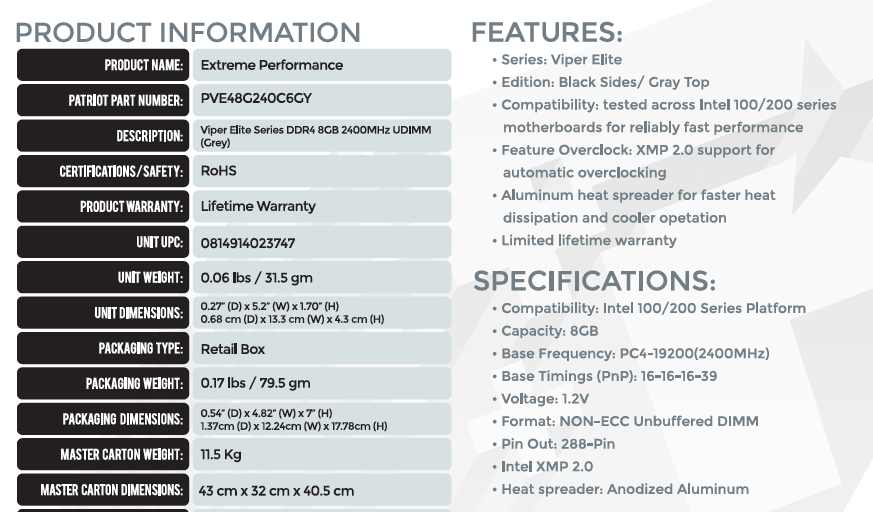 Viper Elite 8GB DDR4 Specifications