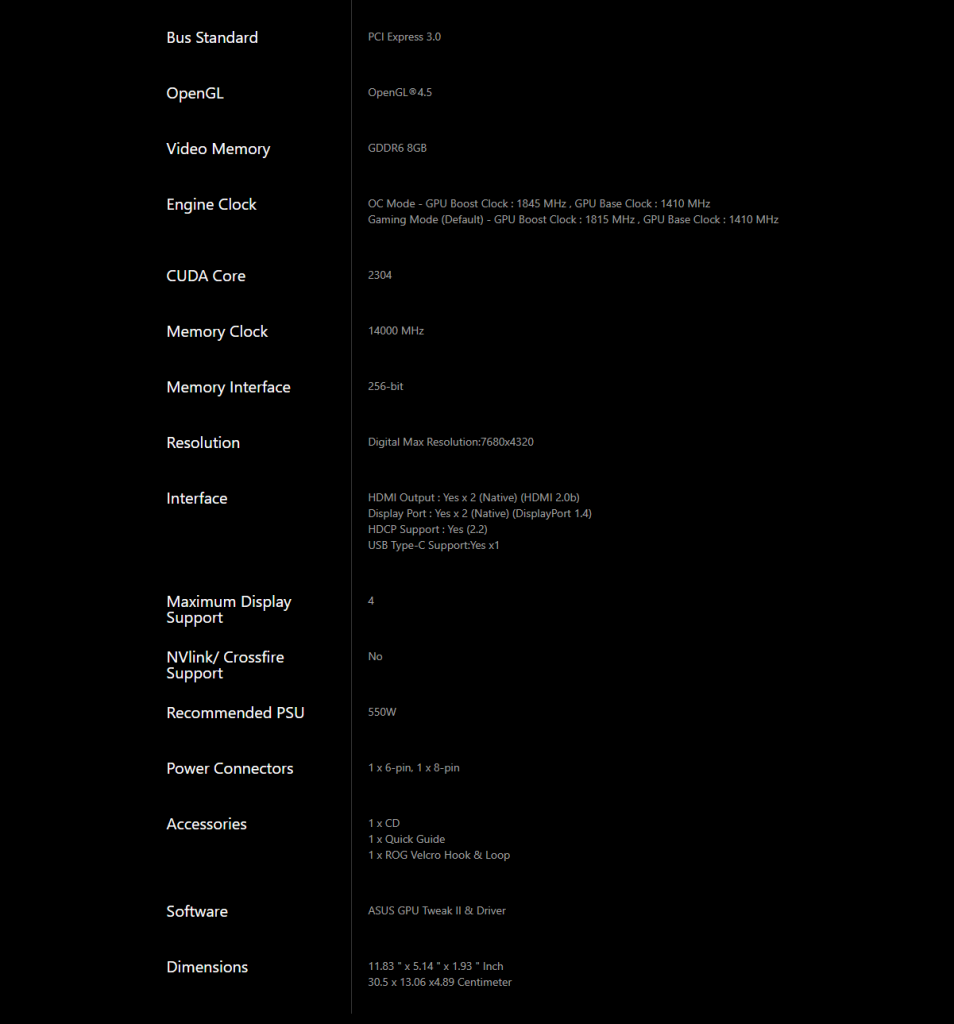 ROG Strix GeForce RTX 2070 O8G Specifications