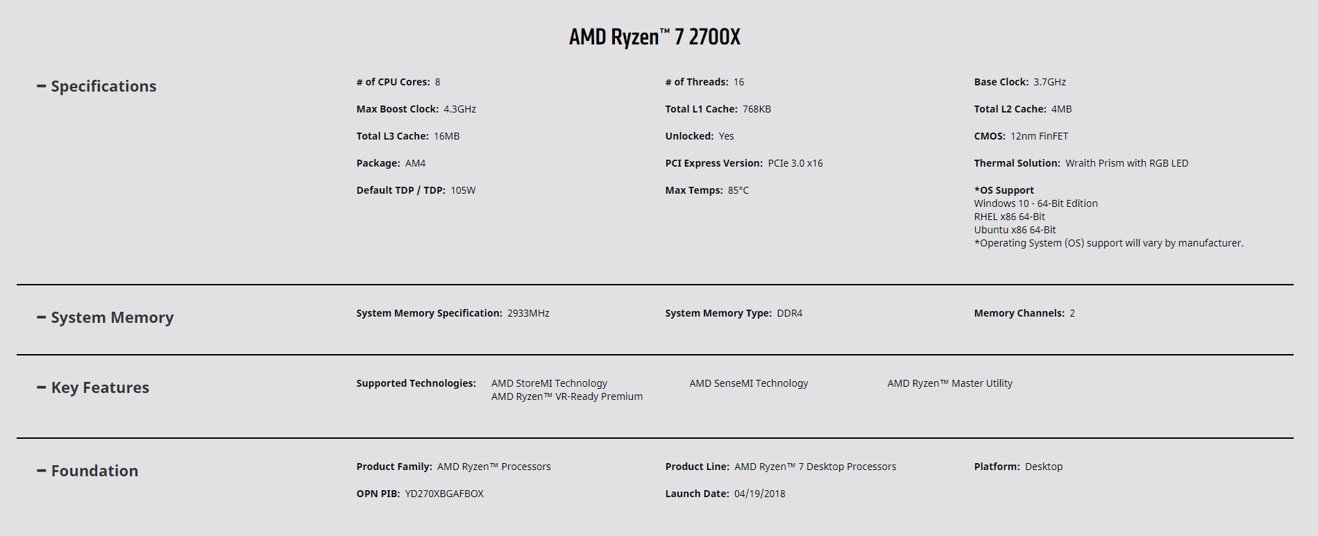 Ryzen 7 2700X Specifications