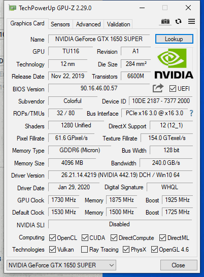 nvidia geforce colorful gtx 1650 - GPU-Z