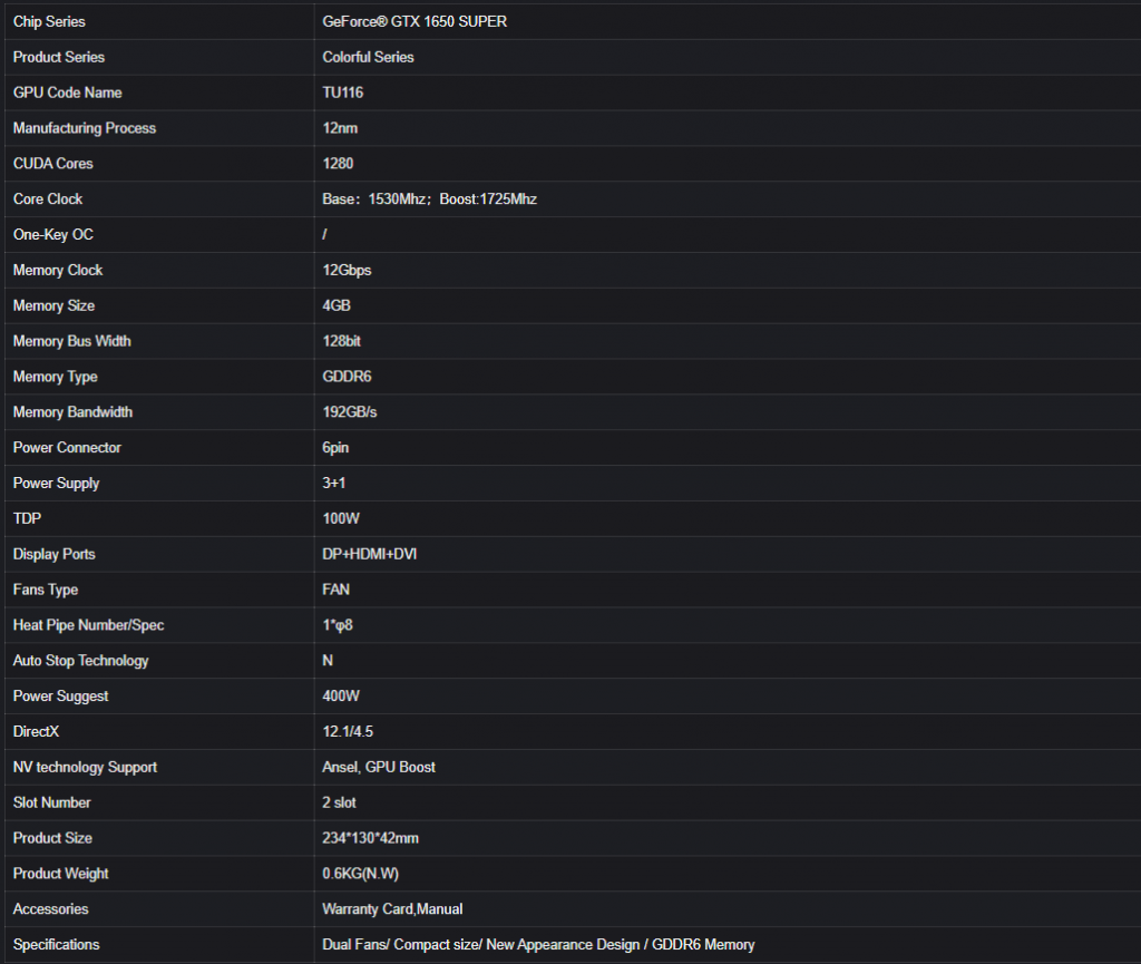 GEForce GTX 1650 Super NB-4G-V Specifications