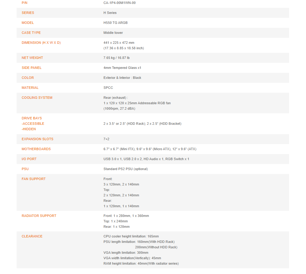 Thermaltake H550 Specifications