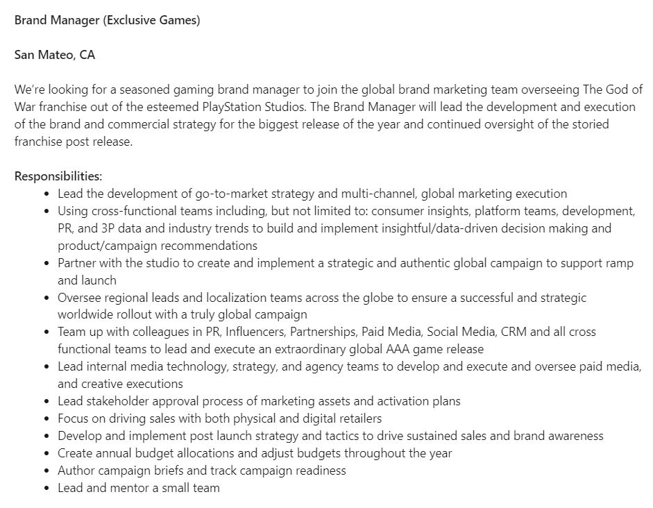 PlayStation Job Listing God of War