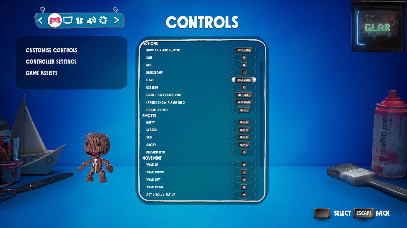 Sackboy: A Boy Adventure the game PC version control settings