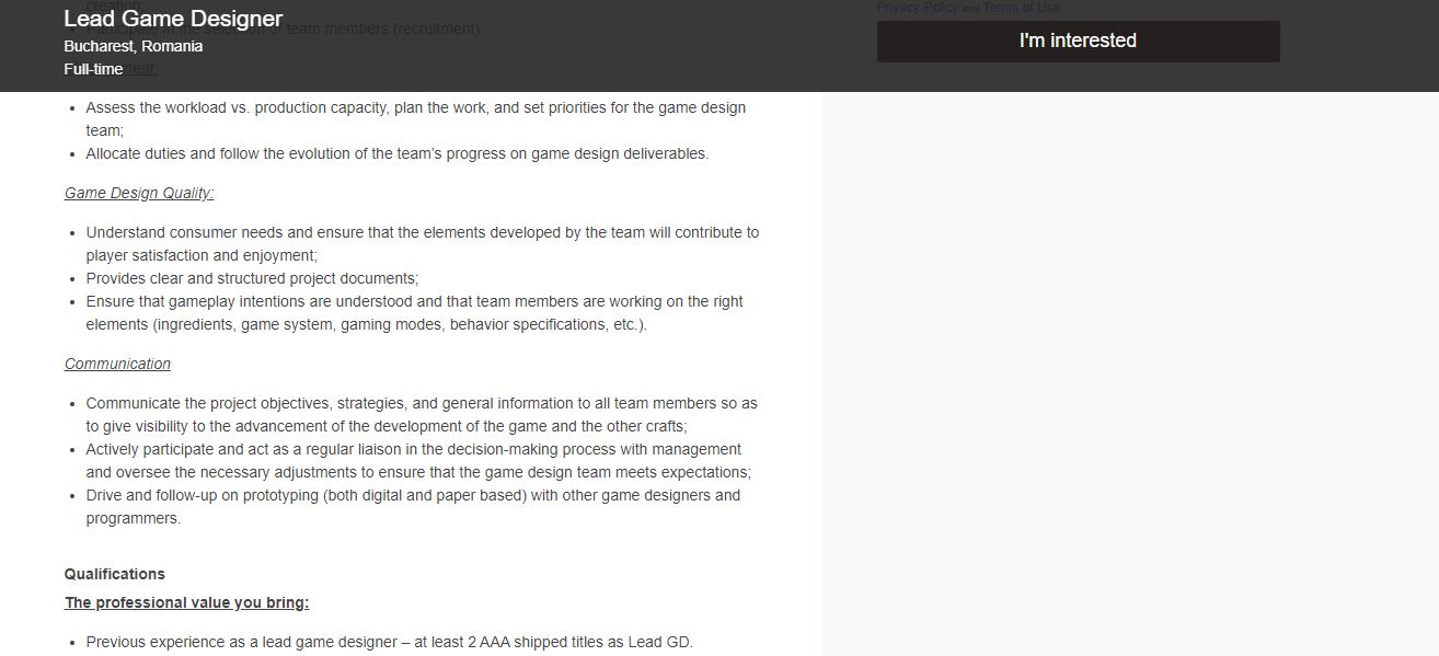 Ubisoft Lead Game Designer Bucharest