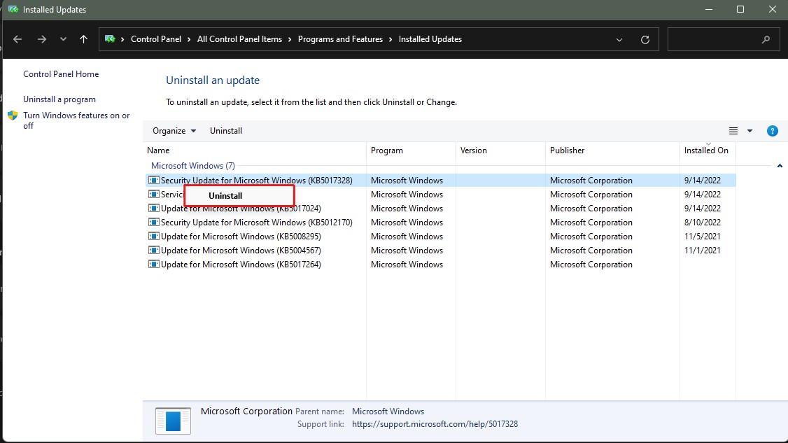 Control panel window to roll back Windows updates