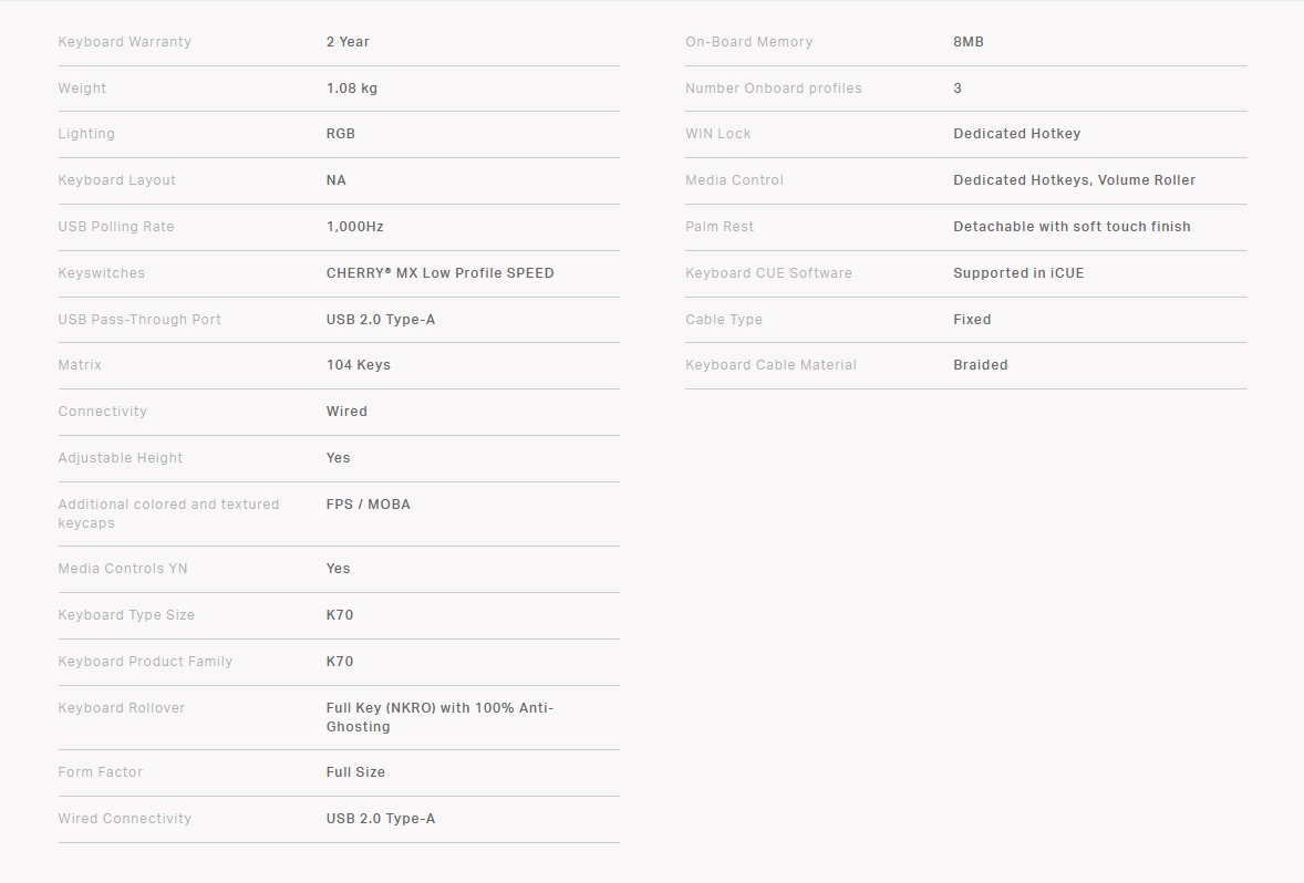 Technical Specifications of the Corsair K70 RGB MK.2 CHERRY MX Low Profile Speed 