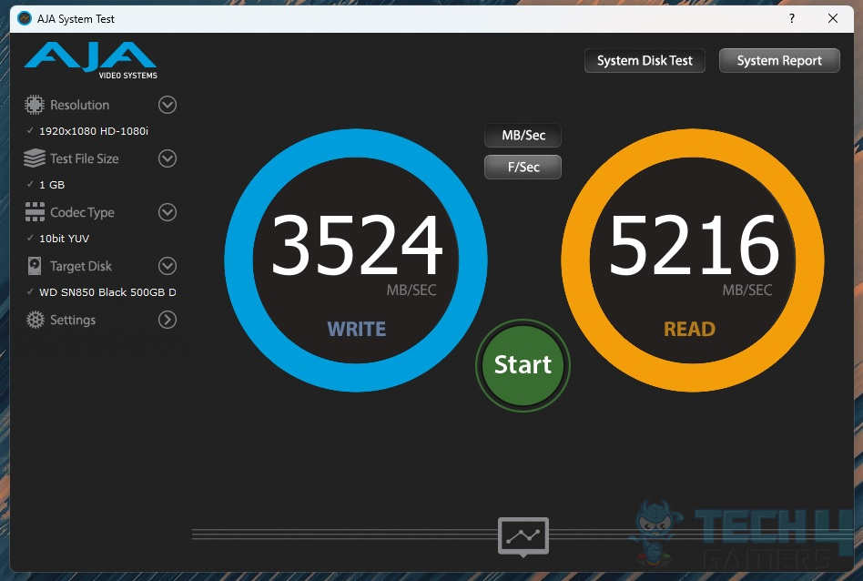 WD Black SN850 500GB NVMe — AJA Disk Benchmark test