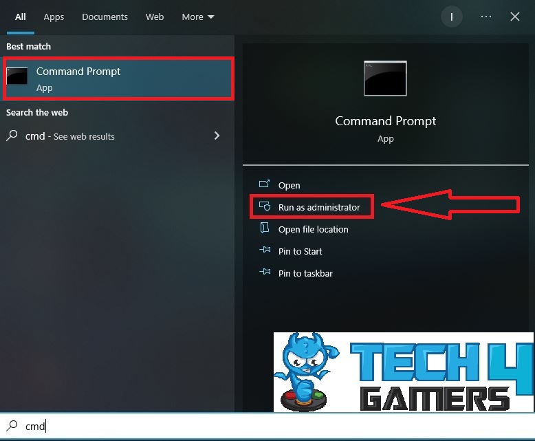 Searching for Command Prompt in Start menu