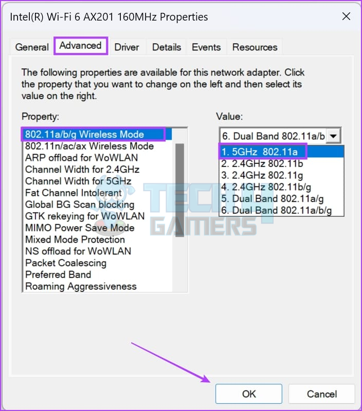 image showing advanced section of wifi ax201