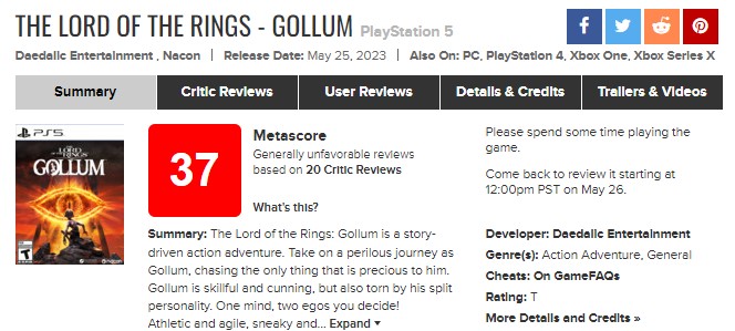 Lord Of The Rings Gollum PS5 Reviews