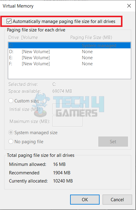 Automatically manage paging file size for all drives