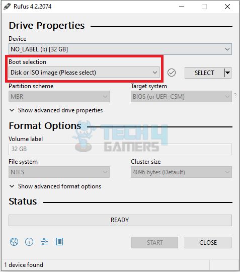 Jump to the drop-down menu of Boot selection and opt for the Disk or ISO image.