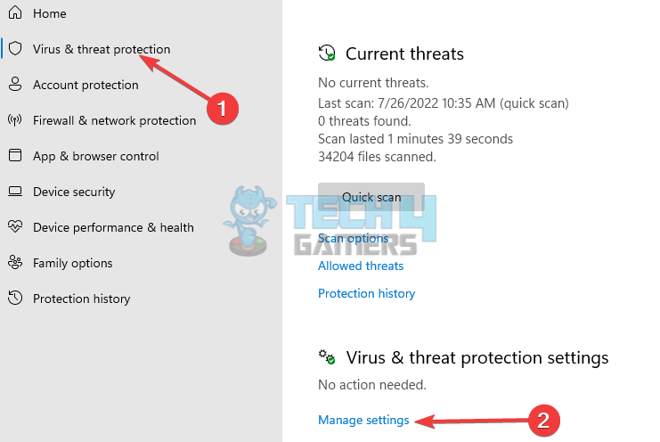 On the left pane, select Virus & Threat Protection and click on Manage Settings.