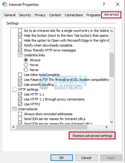 Restore Advanced Settings