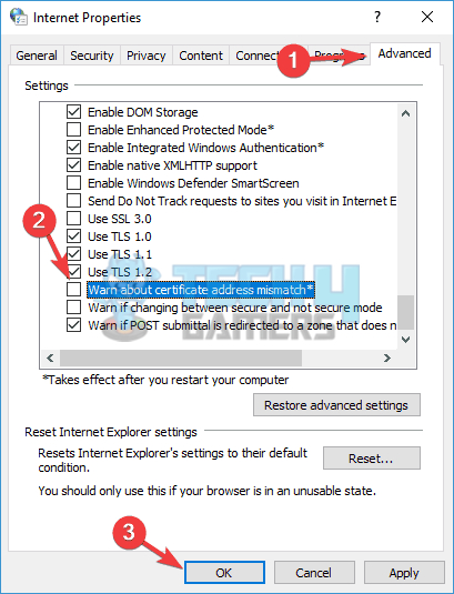 Within the Security options, look for a checkbox next to Warn about certificate address mismatch.