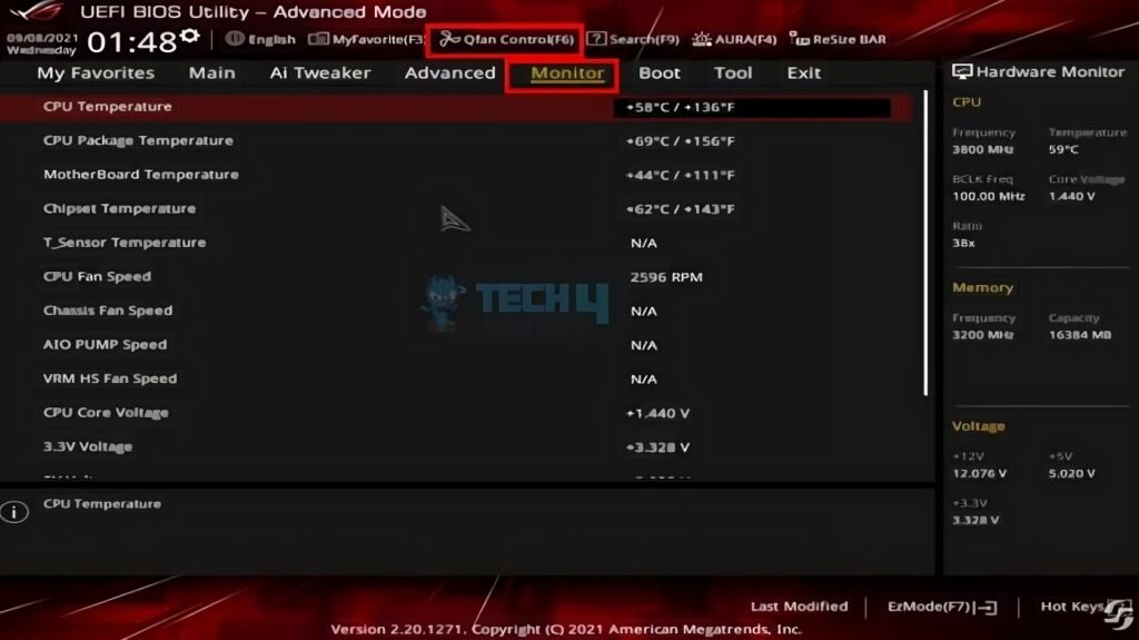 In AMI BIOS/UEFI Interface, look for a section related to hardware monitoring or fan control.