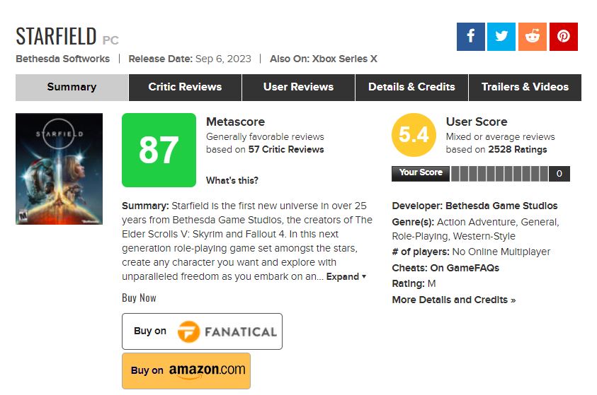 Starfield Metacritic