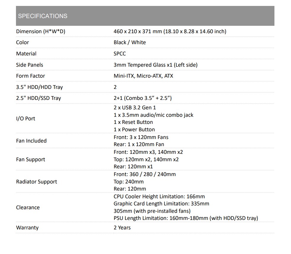 XPG Valor Mesh PC Case — Specifications