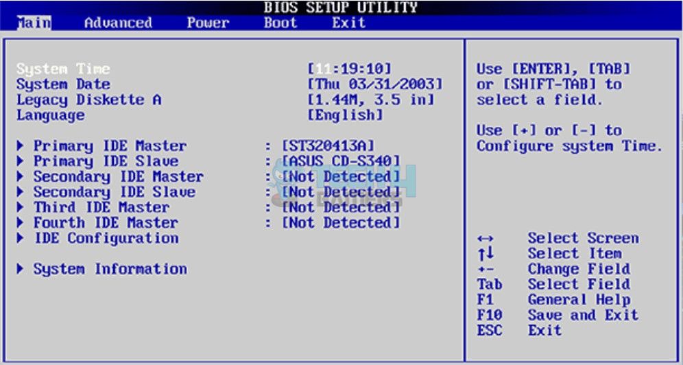 BIOS settings interface