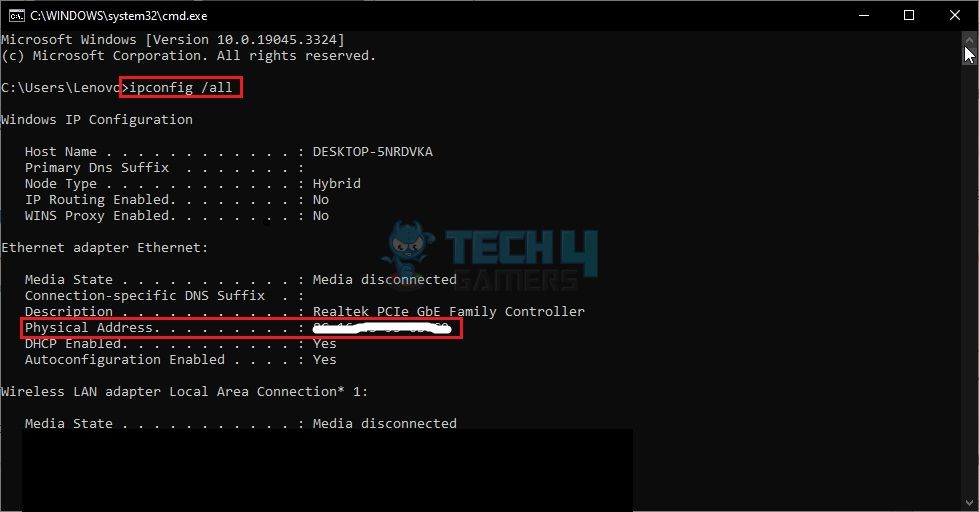 MAC Address In Command Prompt