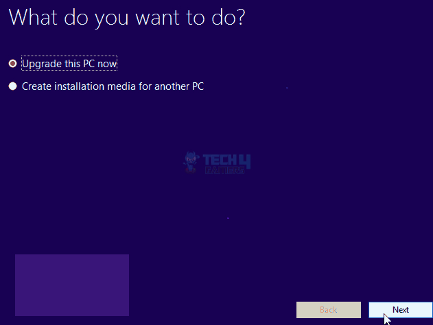 Image of Upgrade this PC now and Click "Next" 