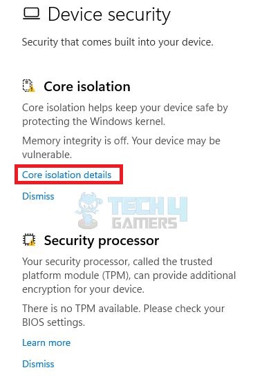 Click on Core Isolation Detail