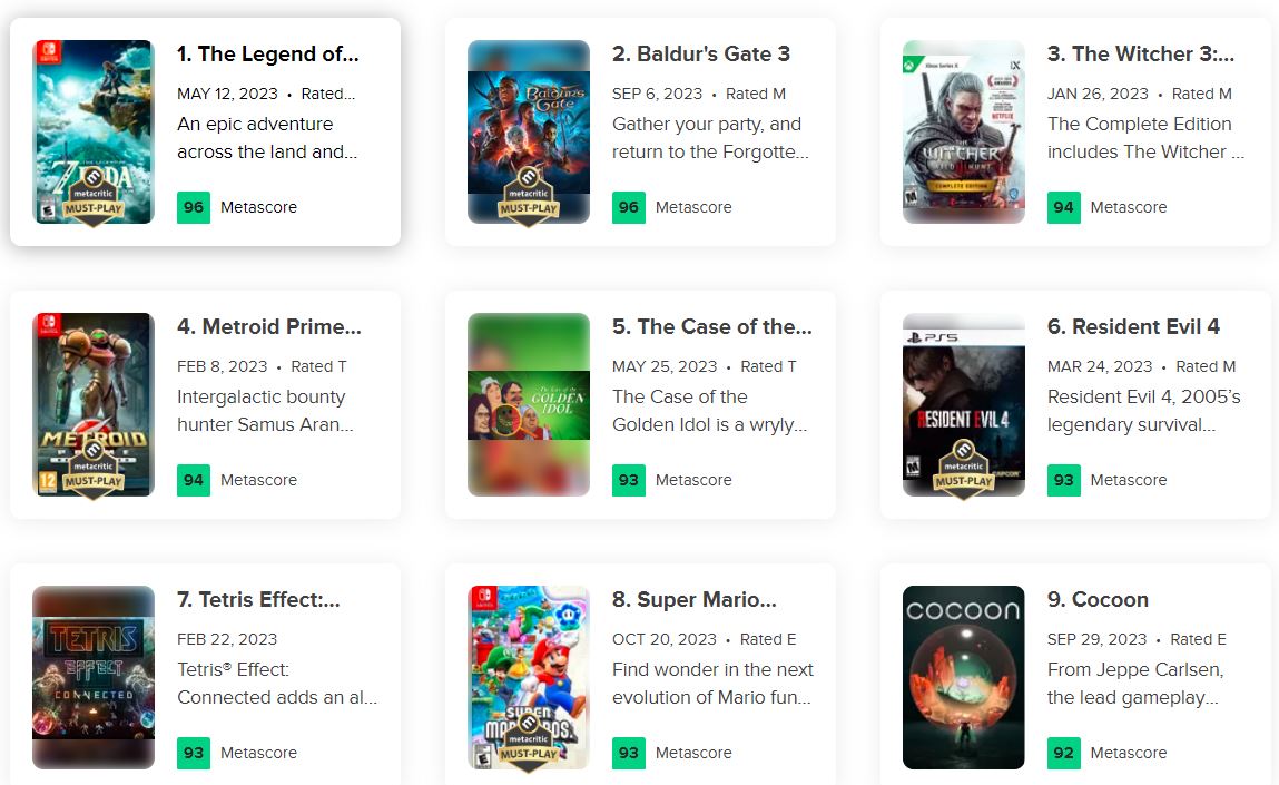 Metacritic Top 10 Games