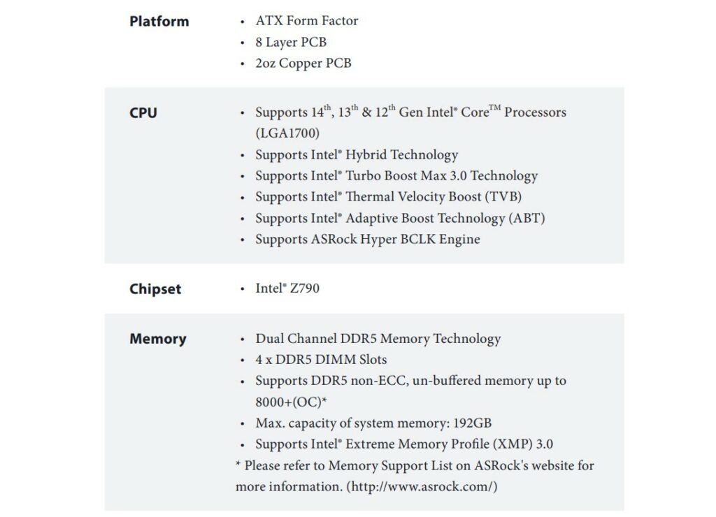 ASRock Z790 NOVA WiFi Motherboard — Motherboard Basic Specs 1024x74