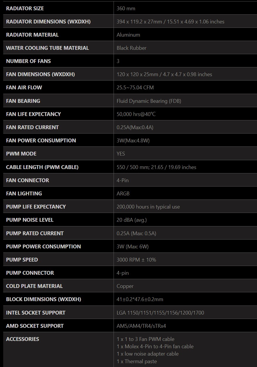 MSI MAG CORELIQUID E360 — Specifications