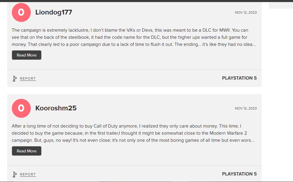 Modern Warfare 3 Negative Reviews