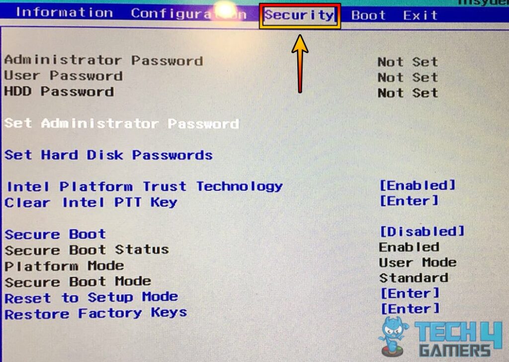 BIOS Security Tab