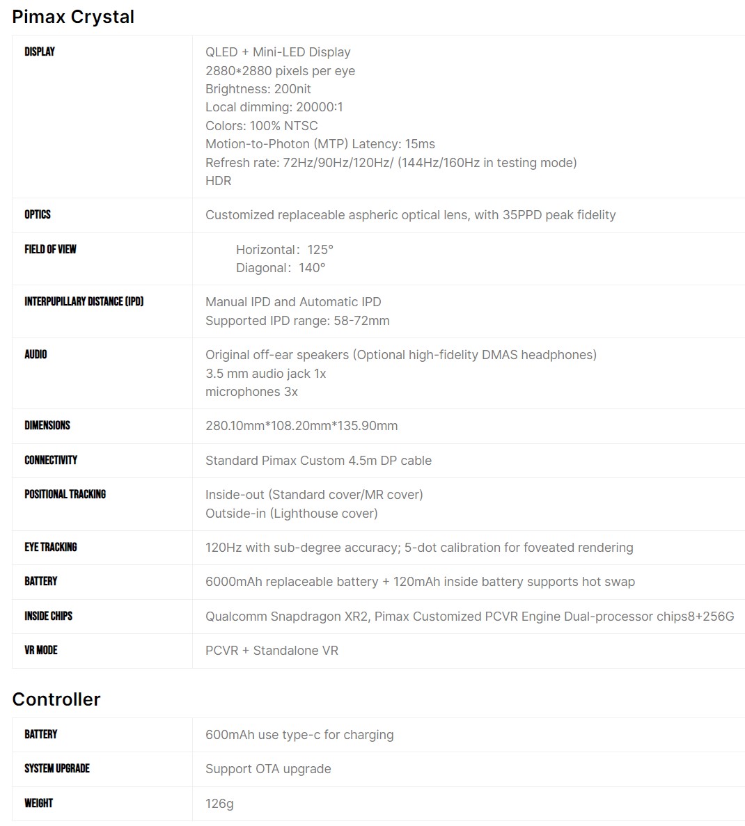 Pimax Crystal VR Specifications