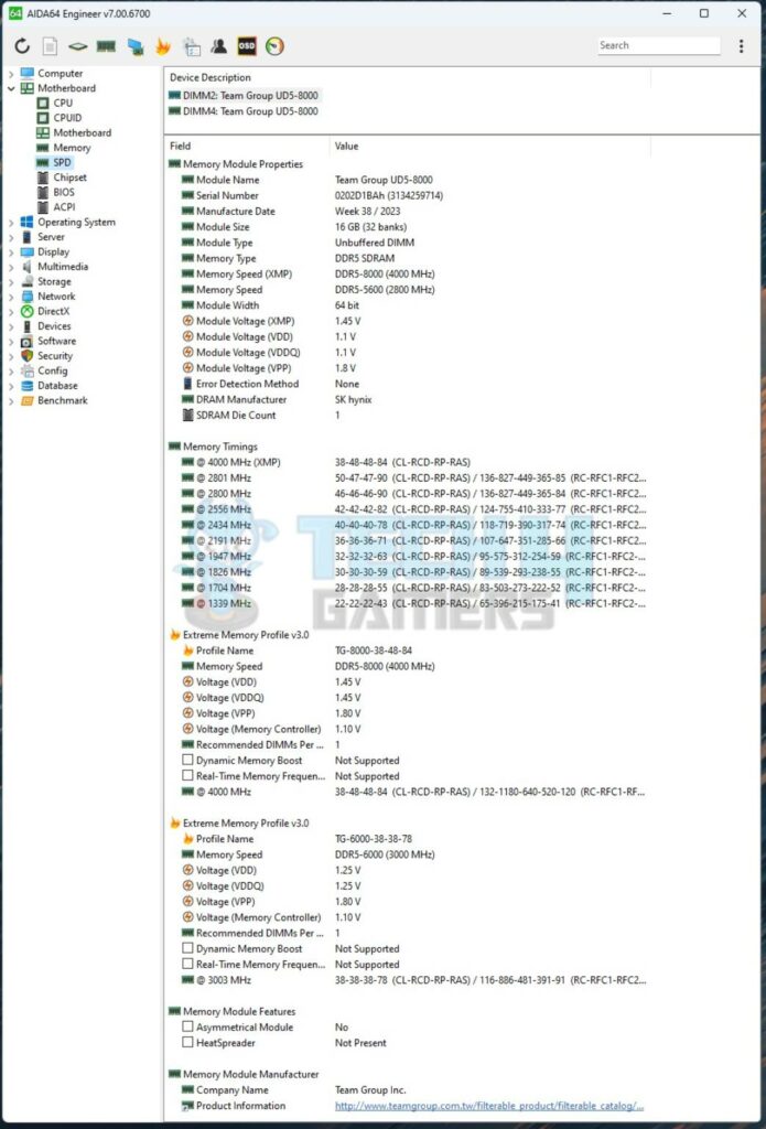 Teamgroup T-Force XTREEM 16GBx2 8000MHz CAS38 DDR5 — AIDA64 SPD 695x102