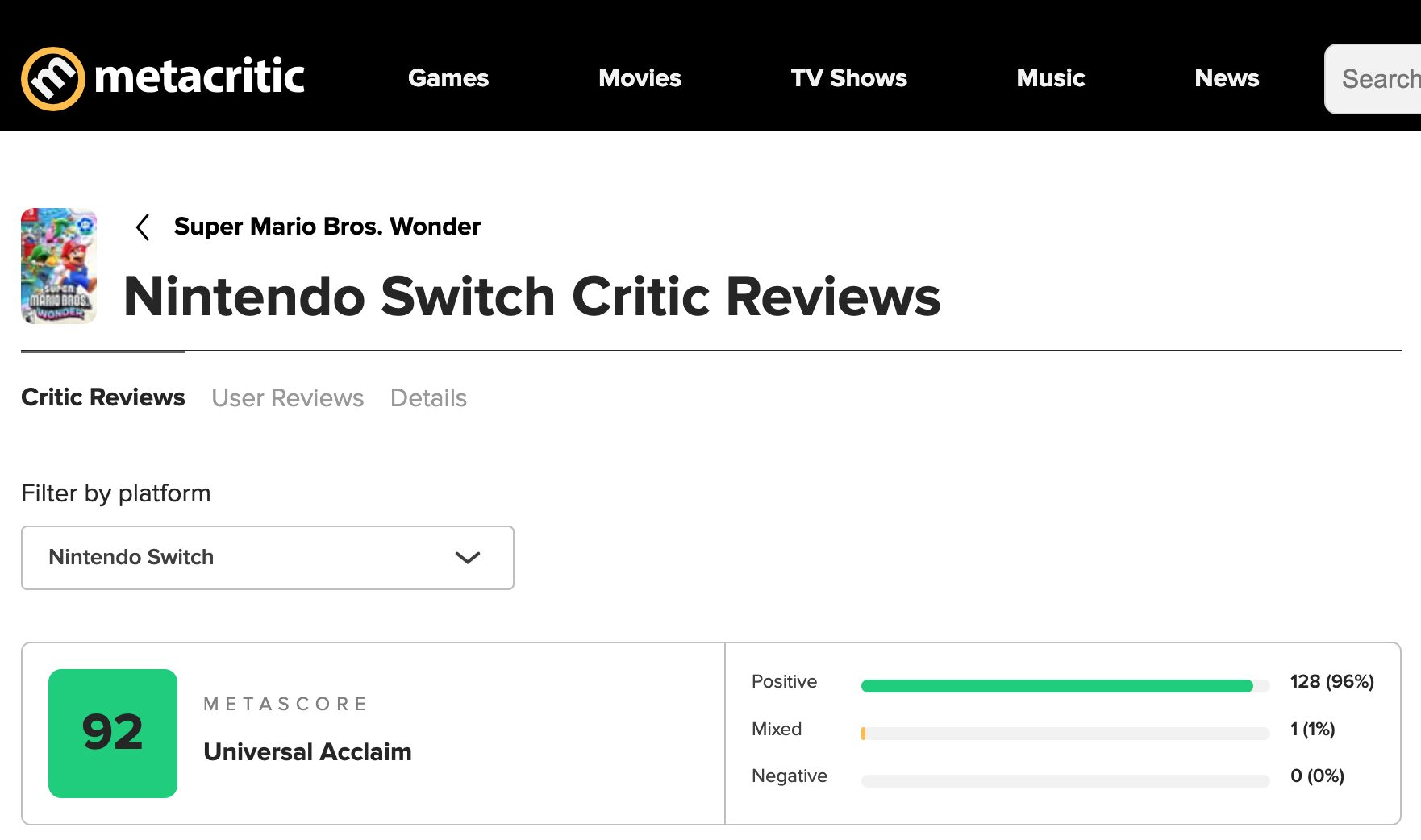 mario bros wonder metacritic score nintendo switch