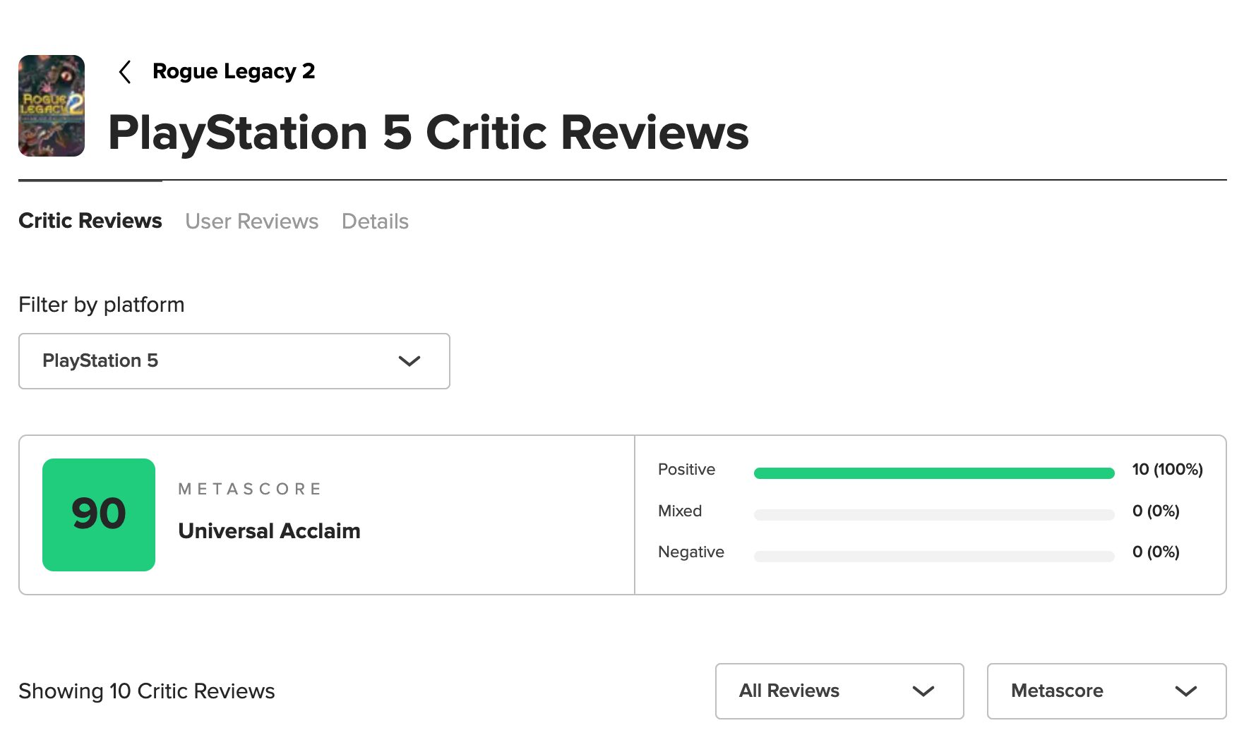 rogue legacy 2 ps5 metacritic score