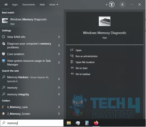 Windows Search Bar showing Windows Memory Diagnostic Tool when memory is typed