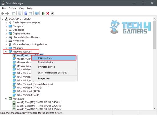 Device manager utility with expanded network adapters to update Intel Wireless AC 9462