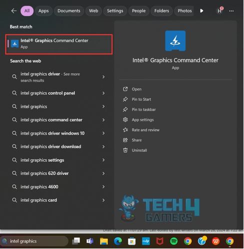 Searching for Intel Graphics Command Center In Windows Search