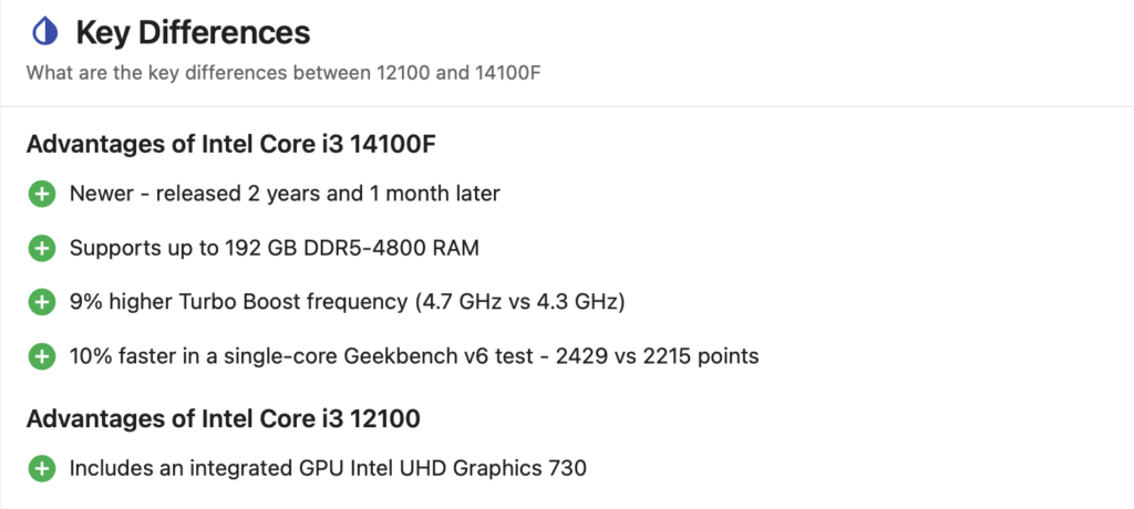 Outlining the primary differentiating factors between the Core i3-1400F vs Core i3-12100. (Image Credits - NanoReview)